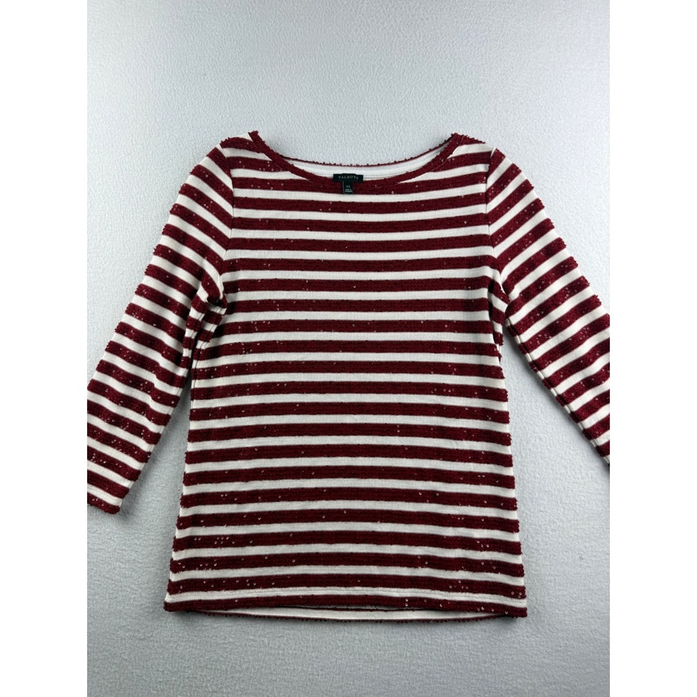 Talbots Womens‎ XS Sequin Striped Boatneck Top Burgundy White 3/4 Sleeve Holiday